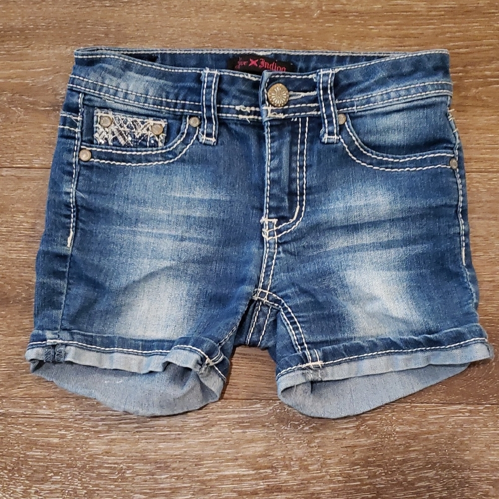 Love Indigo Blue Jean Denim Shorts Embroidered Back Pocket, Girls Size 7